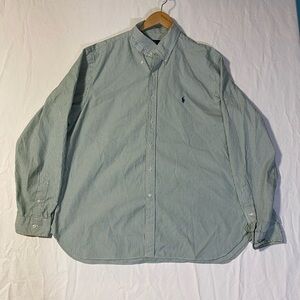 Ralph Lauren Men's Green and White Striped Long Sleeve Button Up Shirt